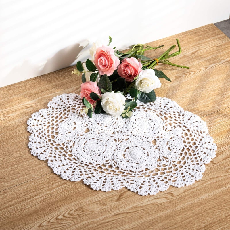 Eiyye 2-Pieces Handmade Cotton Crochet Doilies Oval Lace Table Crochet Placemats 12 x17inch, White - Image 1